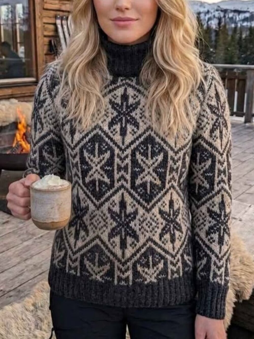 H&M L.O.G.G. Fair Isle Wool Blend Nordic Patterned Turtleneck Sweater, Medium